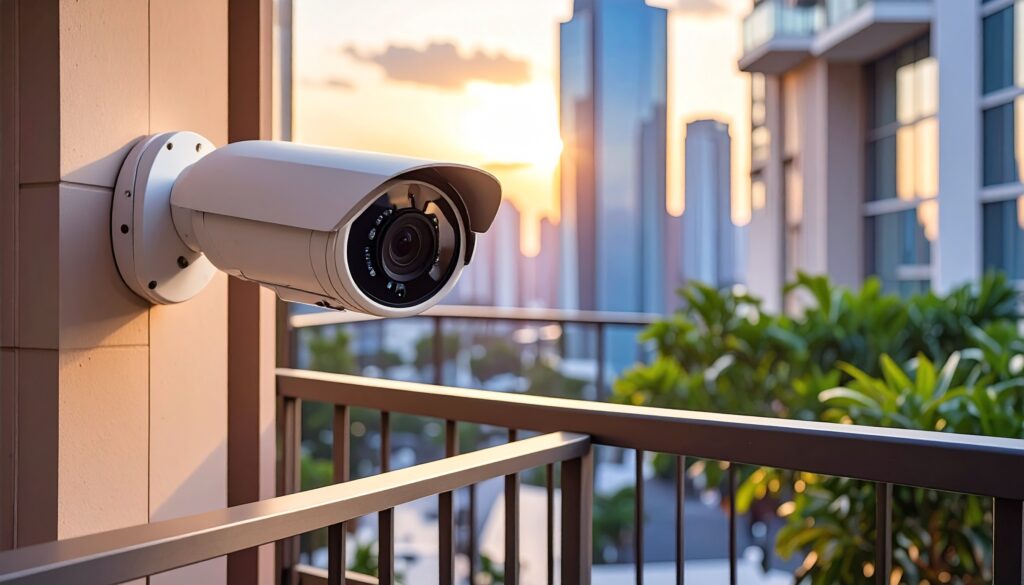 A-smart-security-camera-on-the-outside-of-a-balcony-thats-part-of-a-nice-building