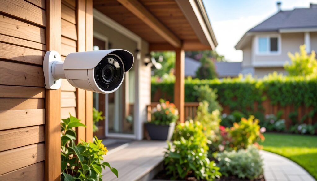 A smart security camera on the outside of a porch in a nice house, nice neighbourhood