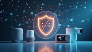 A futuristic smart home environment with various smart home devices like smart speakers, cameras, thermostats, and lights, all protected by a glowing, transparent security shield symbolizing privacy and security. The scene should be modern, clean, and tech-savvy with a subtle digital network background to emphasize connectivity and protection.
